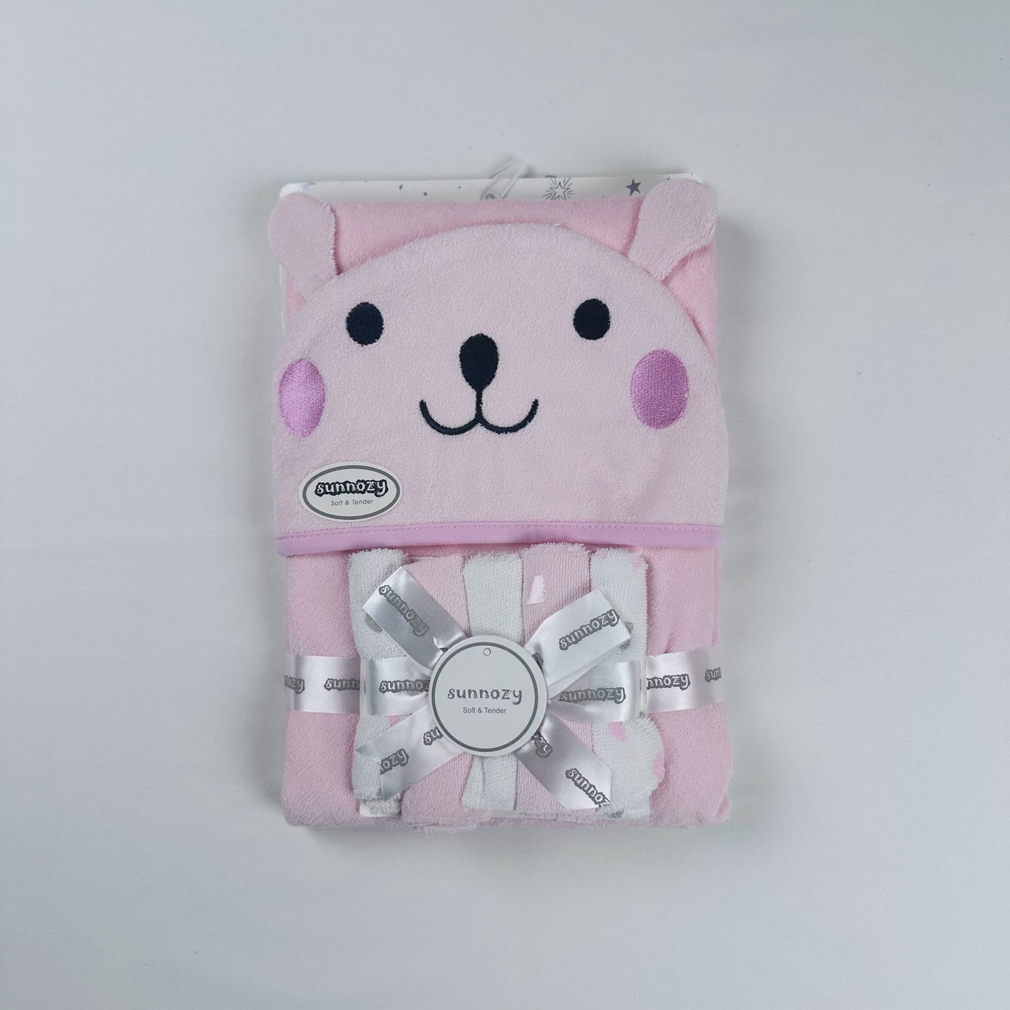 Baby Hooded Towel Pink Bear With 5 Face Towels