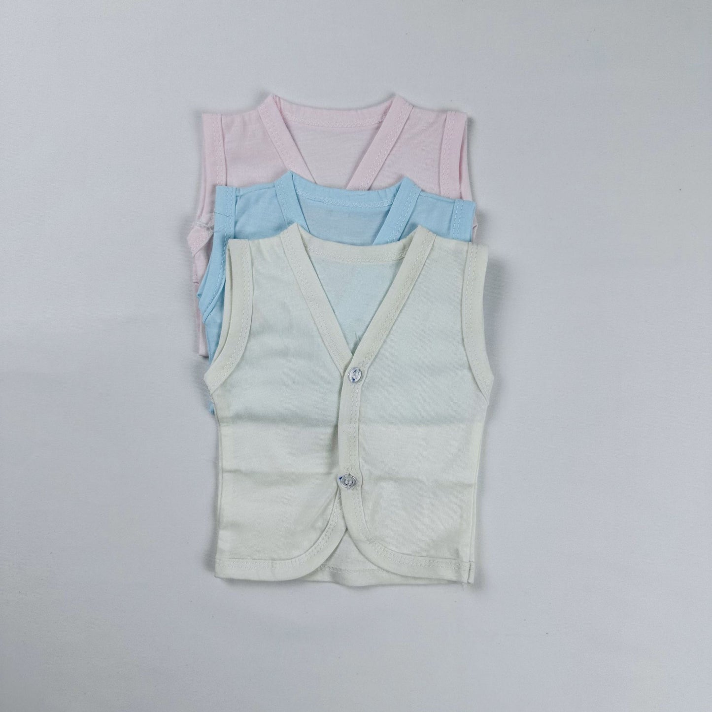 Baby Vest Sleeveless Front Open Pack of 3 Multicolor