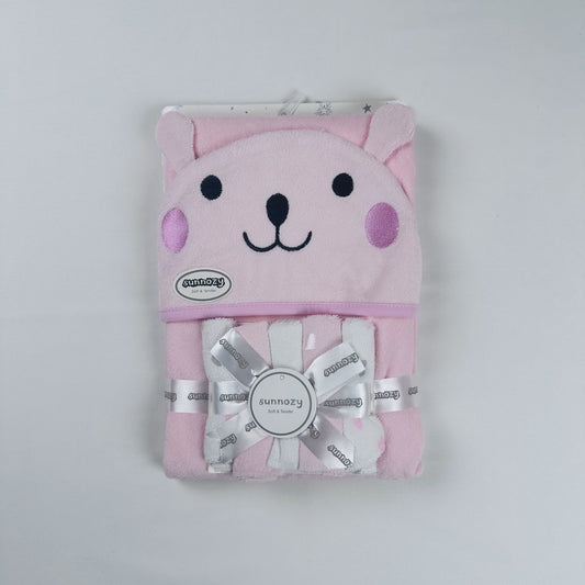 Baby Hooded Towel Pink Bear With 5 Face Towels